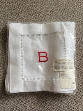 Monogrammed White Linen Napkins with Red 'B'